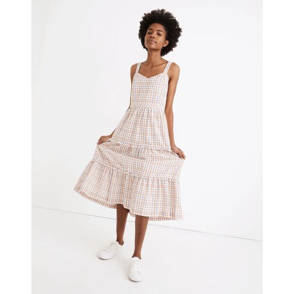 Madewell Sweetheart Gingham Ruffle-Tiered Midi Dress Size Small - Picture 1 of 8